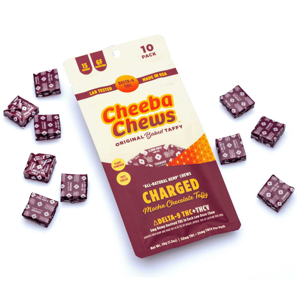 Cheeba Chews Delta 9 and THCv Mocha Chocolate Taffy - Charged (50 mg Total Cannabinoids)