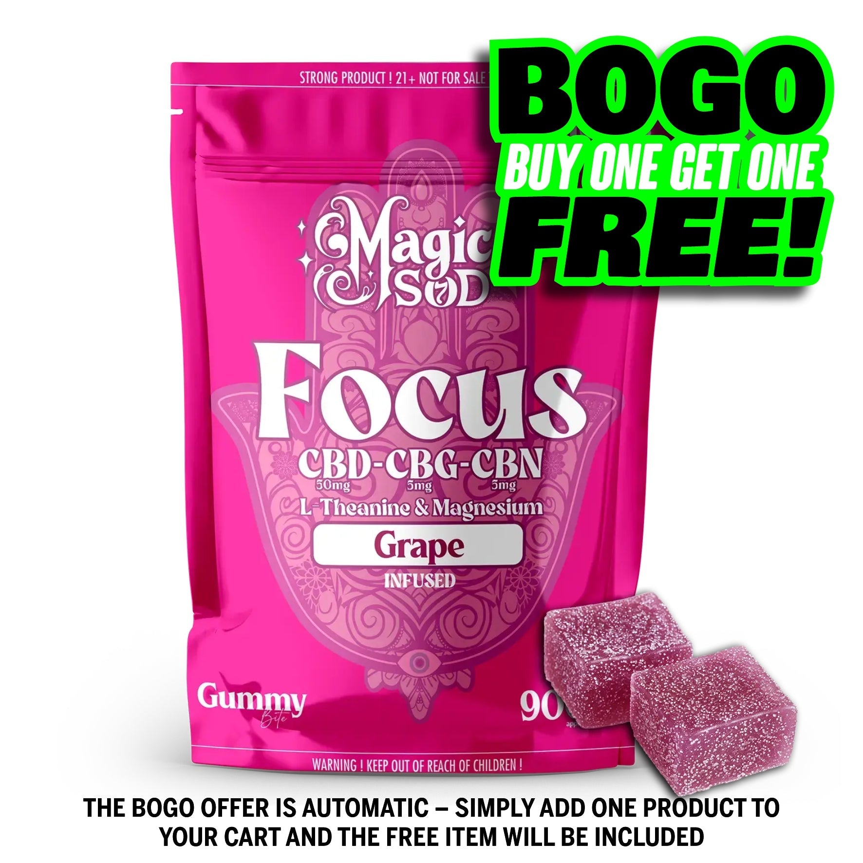 MAGICSOD Focus Grape Gummies infused with (CBD + CBG + CBN @ 300mg) + L-Theanine & Magnesium