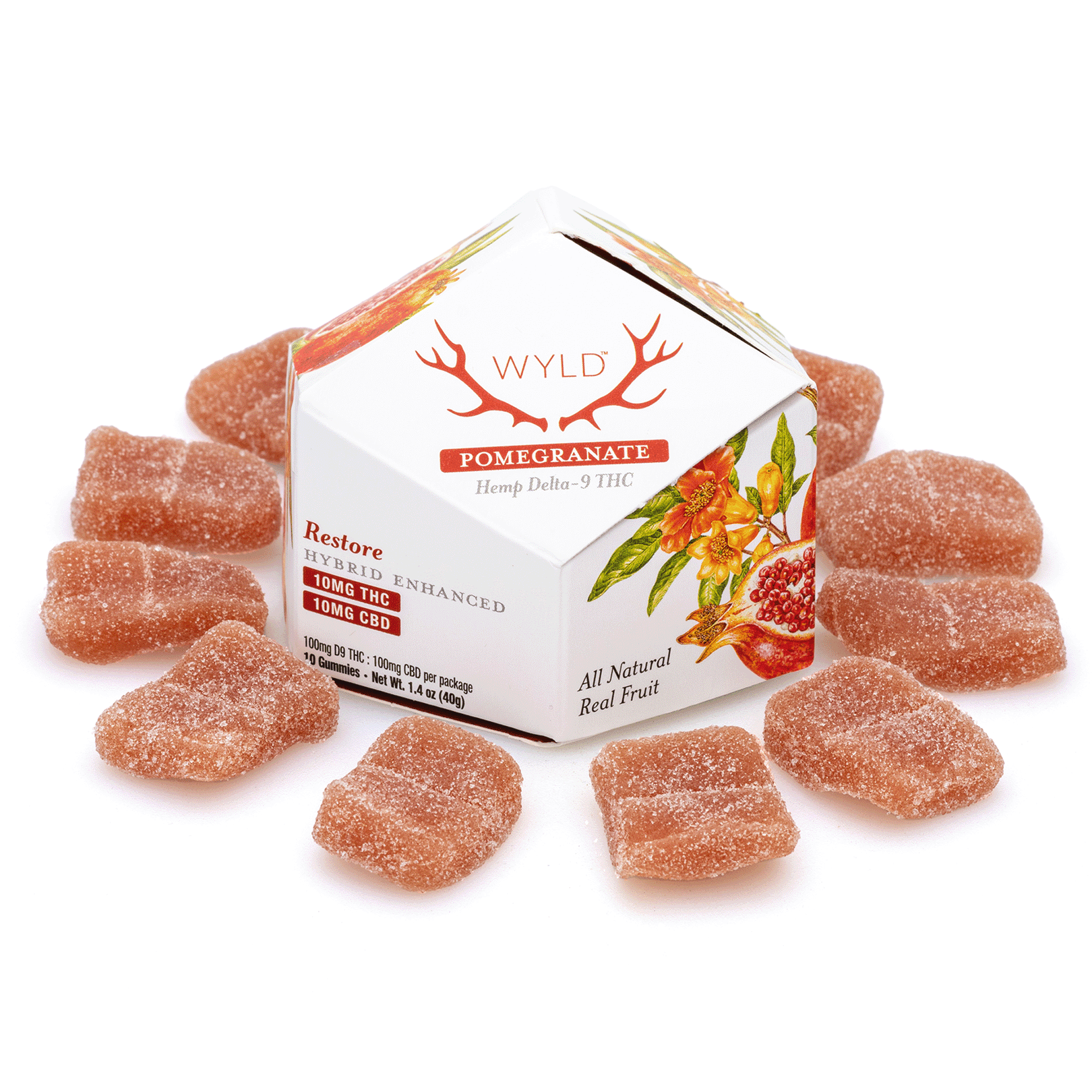Wyld Delta 9 / CBD Restore Gummies - Pomegranate - 10 Count (100 mg Delta 9 THC + 100 mg CBD Total)