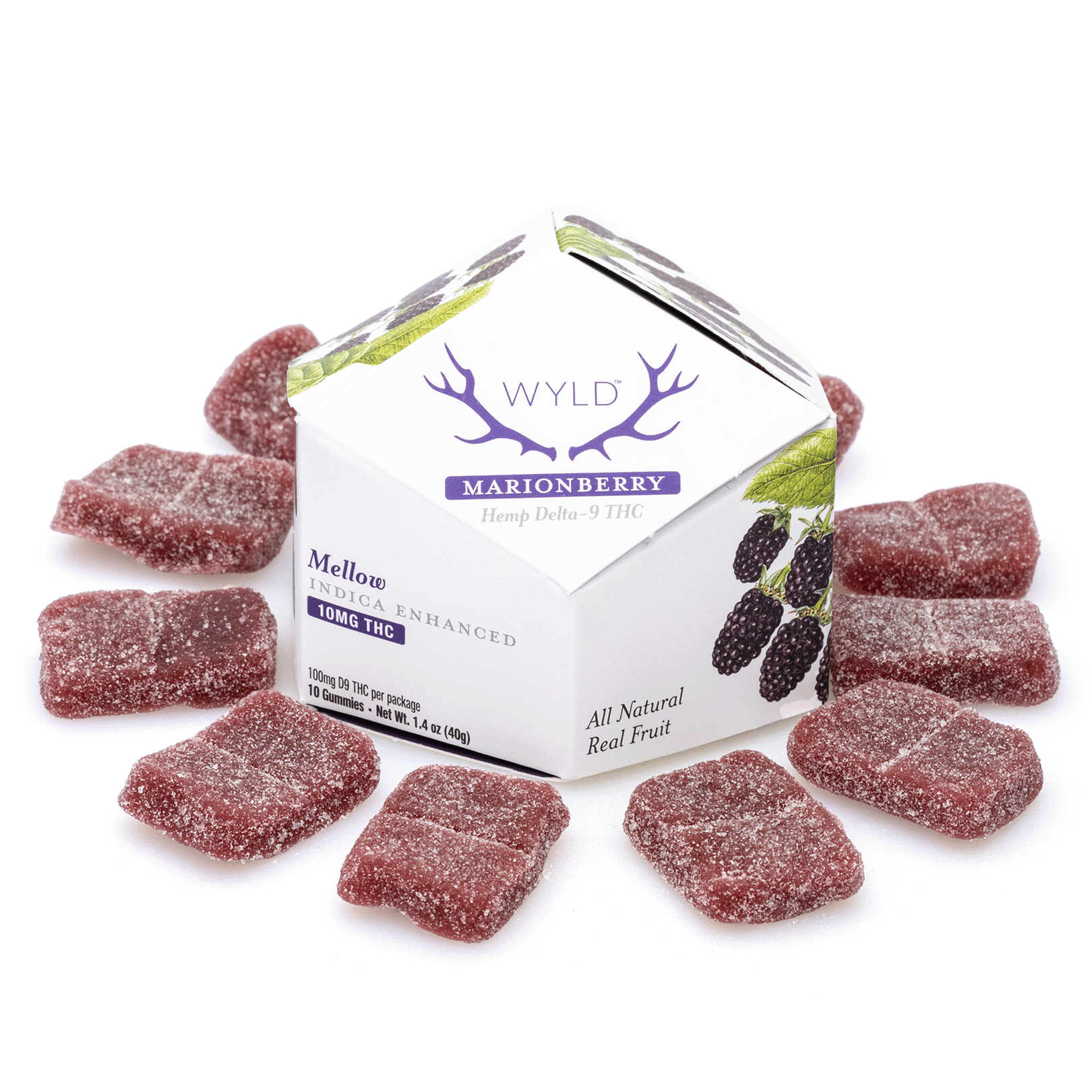 Wyld Delta 9 THC Mellow Indica Gummies - Marionberry - 10 Count (100 mg Delta 9 THC Total)
