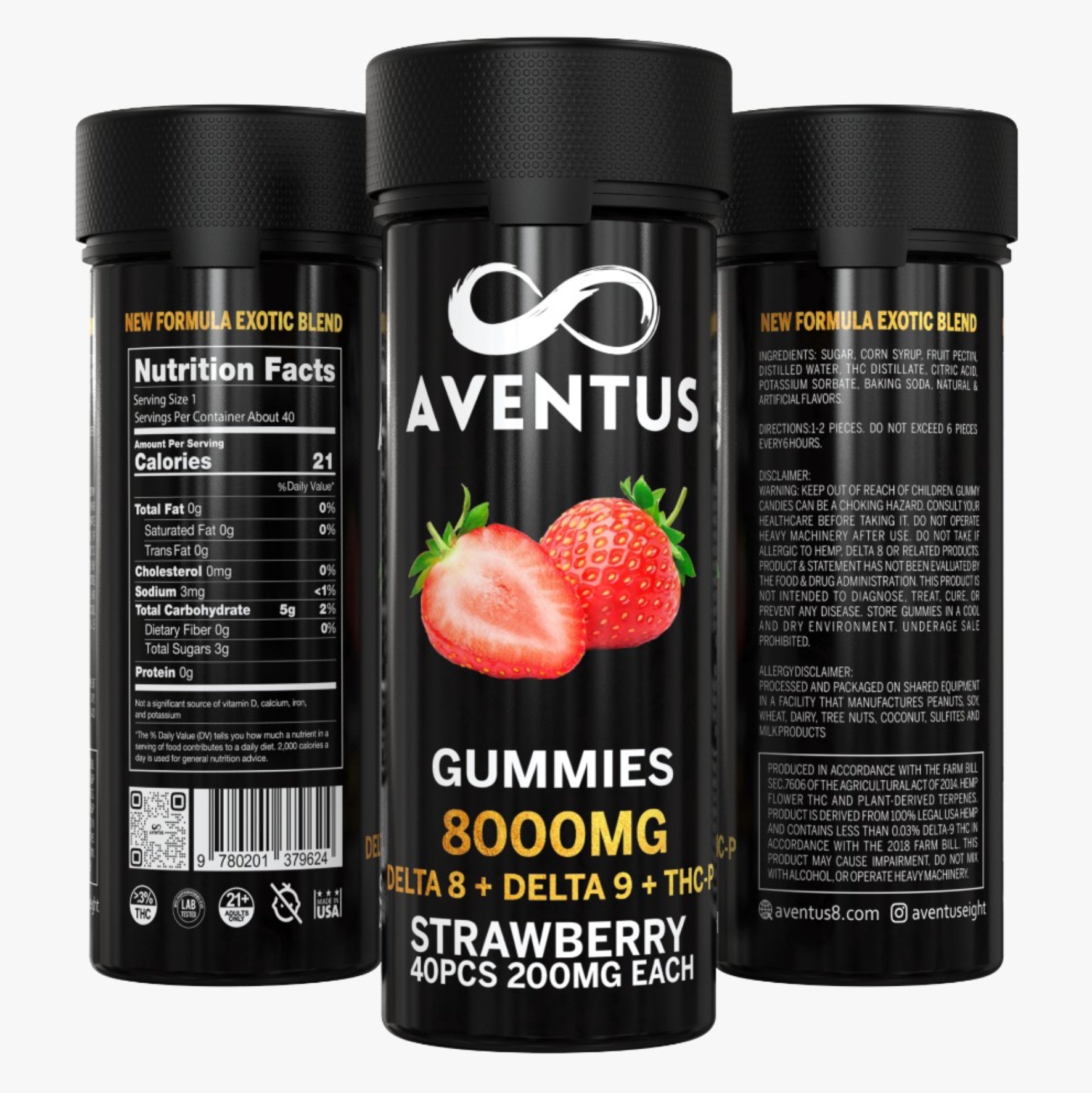 8000mg AVENTUS8 GUMMIES STRAWBERRY DELTA 8 + DELTA 9 + THC-P STRONG EXOTIC BLEND 8000mg AVENTUS8